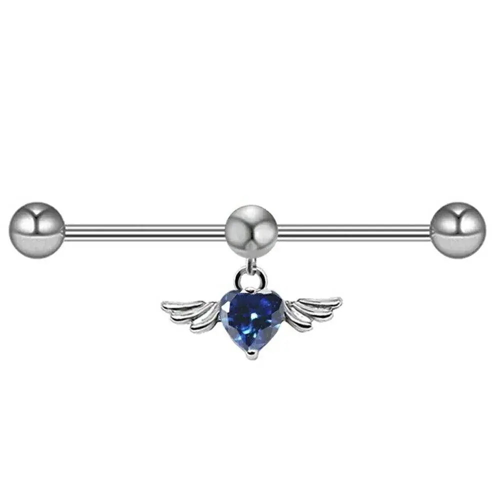 10点セットボディピアス 16G ムーブボールインダストリアルサファイアエンジェルハート動く 16ゲージ 30-60mm 14サイズ 長い ロングバーベル 翼 羽根 青 天使 bb697xxxx