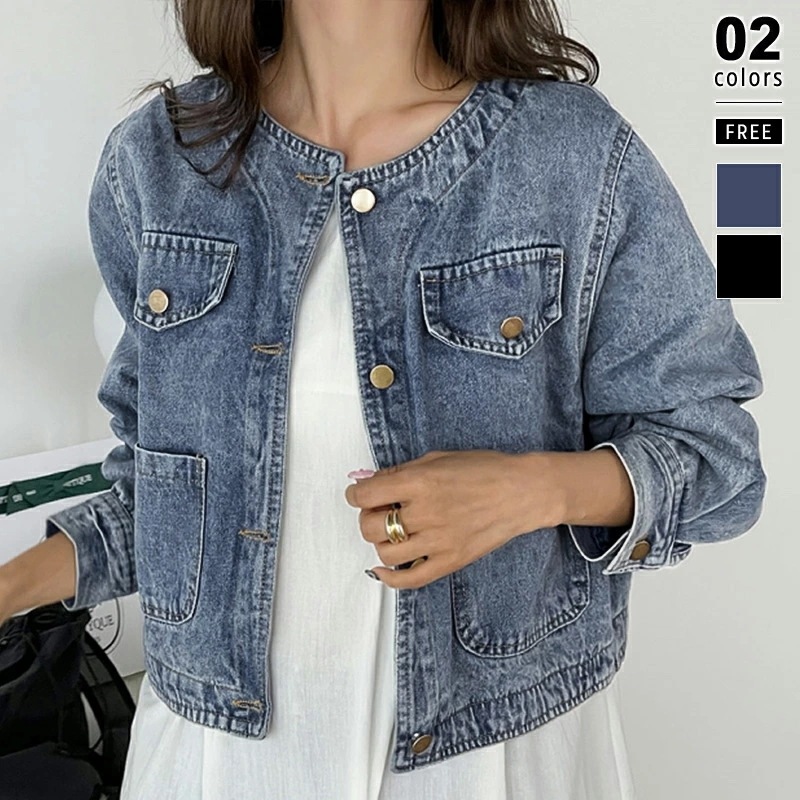 デニムジャケット レディース ノーカラー ジャケット Gジャン デニム ノーカラーデニムジャケット ノーカラージャケット ノーカラーデニムブルゾン ラウン