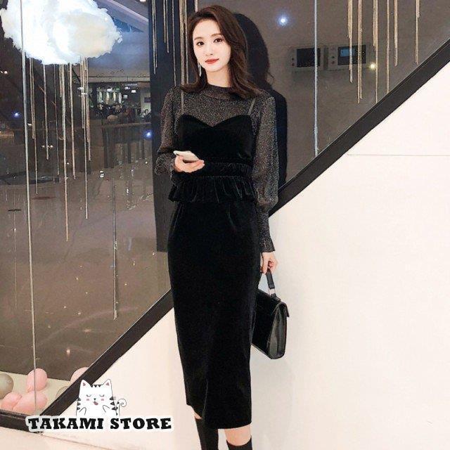 【急速出荷!】パーティードレス 結婚式 お呼ばれ ドレス ワンピース 韓国 ロング 長袖 黒 ベロアワンピース セットアップ レディース シースルー 大きいサイズ