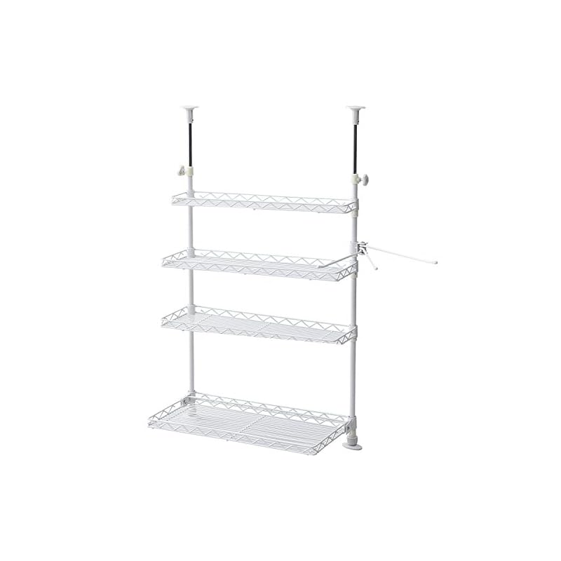 【即納】[山善] キッチンラック 突っ張り 幅45奥行21.5高さ72-115cm段 4段 タオルハンガー こぼれ止め 下段はね上げ式 可動棚 水切りラック 調味料 ラック 組立品 ホワイト TK