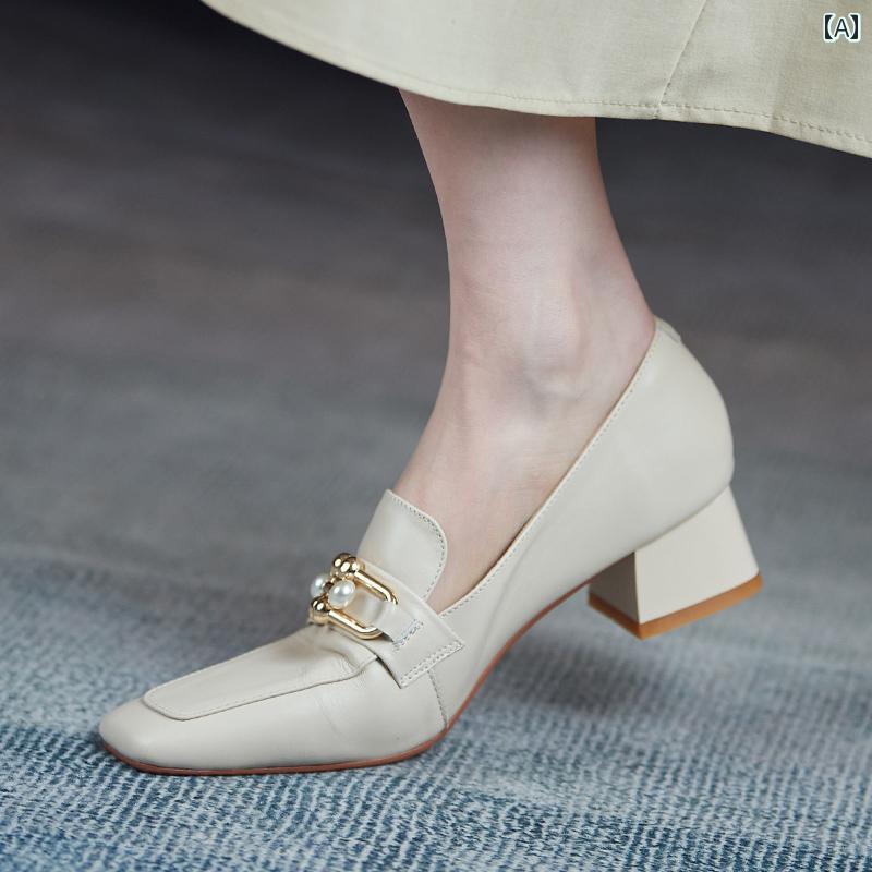 ローファー レディース オフィス 通勤 仕事 春 革 女性 ミディアム ヒール 厚手 ヒール スクエアトゥ シングル シューズ 女性 春秋