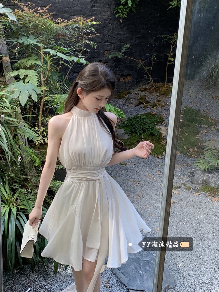 2025 春夏 ワンピース おしゃれ かわいい ドレス ミニ丈 ラウンドネック Aライン 韓国ファッション レディース 白 シンプル お出かけ キュート 甘めフレンチ