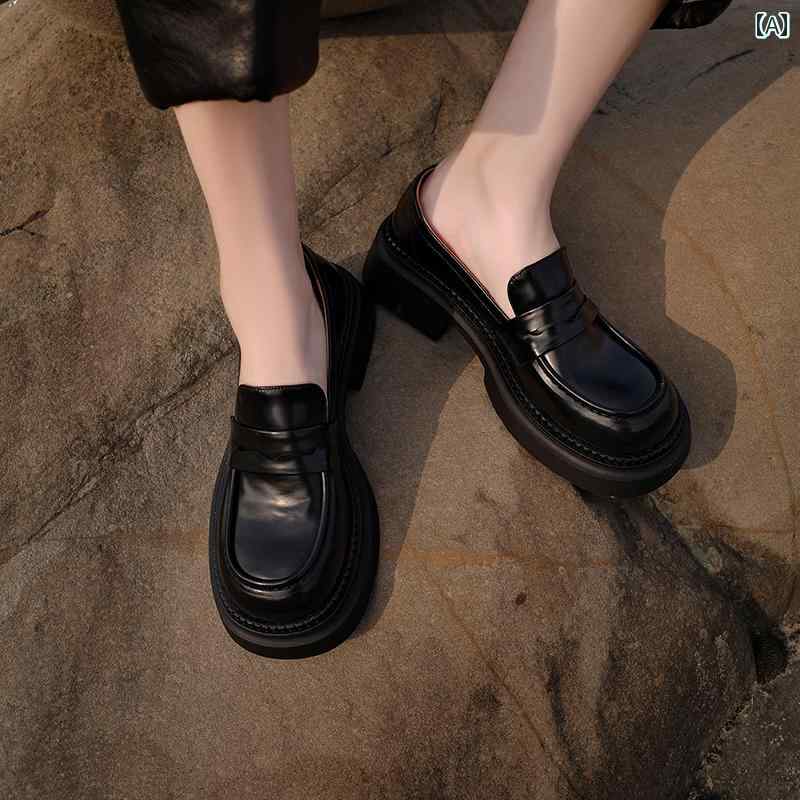 ローファー レディース オフィス プラット フォーム ソール ポリッシュ カラー 女性用 厚底 革 英国 スタイル レトロ カレッジ ラウンドトゥ 通勤用 深口 小型 革靴 女性用