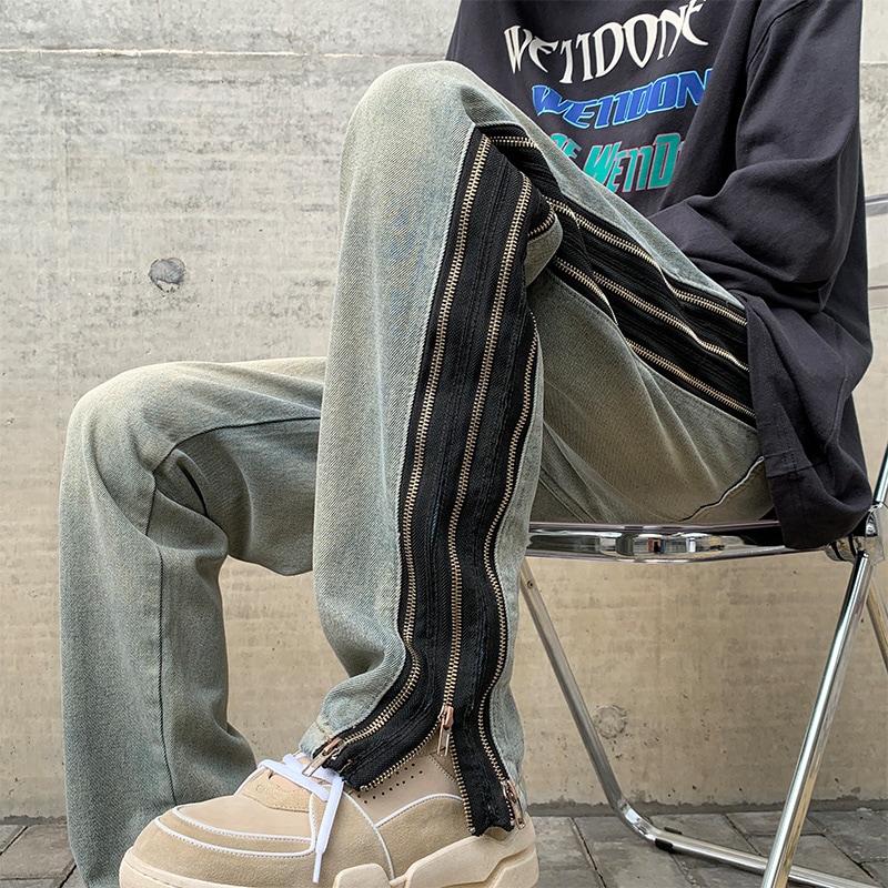 ジーンズ メンズ 春秋 洗練された ハイストリート ゆったり ストレート カジュアル パンツ 重厚感ある インダストリアル ジップデザイン スリム 小尻 パンツ