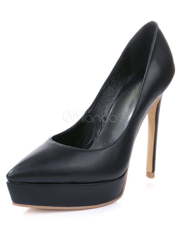 ブラックPlatformはシックなポインテッドトゥレザーハイヒールパンプス 8,736円