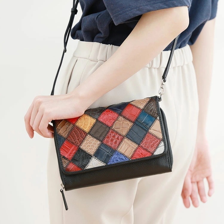 ステッチワーククロコダイルレザーお財布ショルダーバッグ