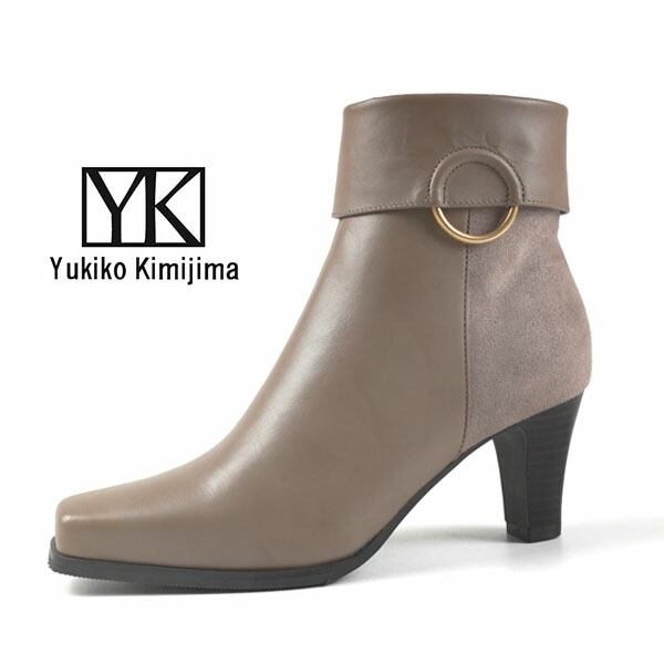ユキコ キミジマ Yukiko Kimijima スクエアトゥ ショートブーツ 1028 ベージュ 折返し リング サイドファスナー 本革 レディース カジュアル シンプル