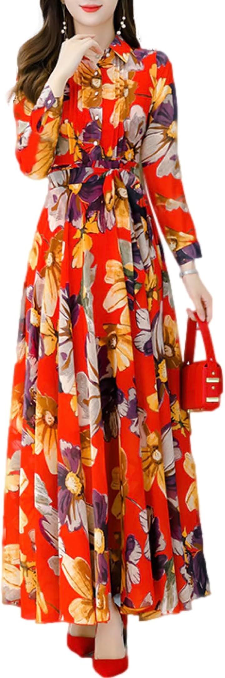 ワンピース レディース 春 秋 ロング きれいめ Aライン 花柄 裏地あり BN227 RED( レッド, XL)