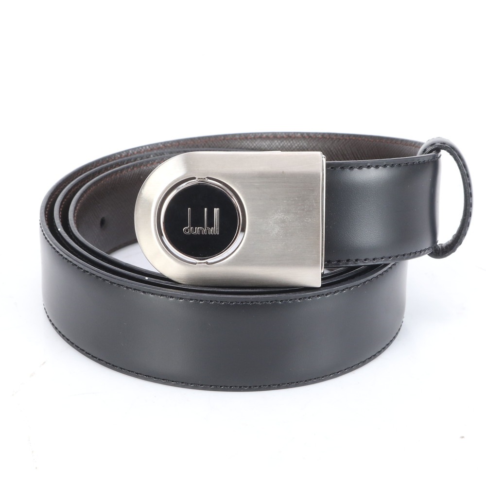 美品 シルバー ロゴ バックル スーツ ビジネス カジュアル レザー ベルト ブラック 黒 メンズ RRE CJ1-6 中古