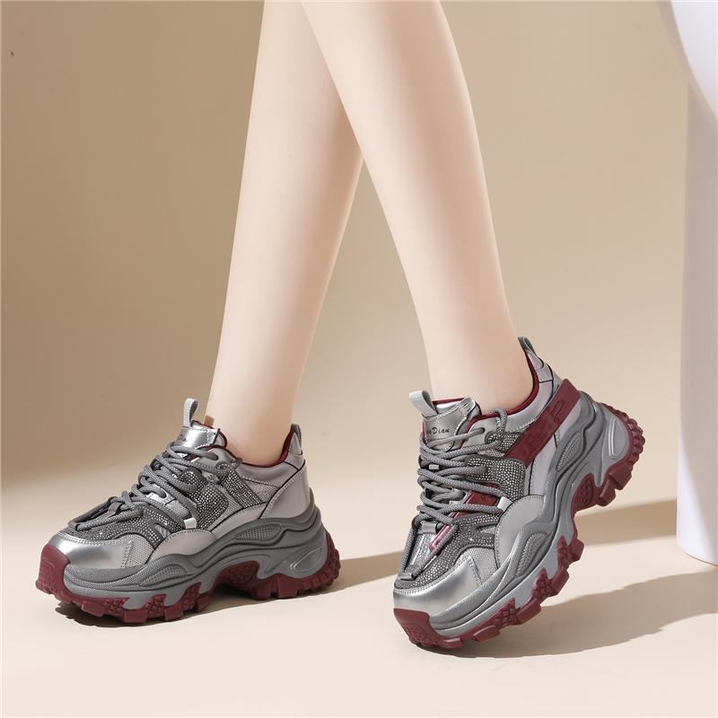 スニーカー レディース メンズ シューズ ラインストーン 厚底 スポーツ カジュアル 春秋 グレー パープル ブラック 6,436円