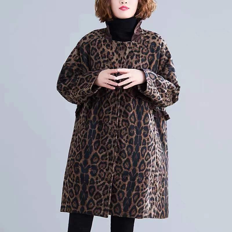 コート レディース 膝上丈 豹柄 スタンドカラー 毛皮風 おしゃれ