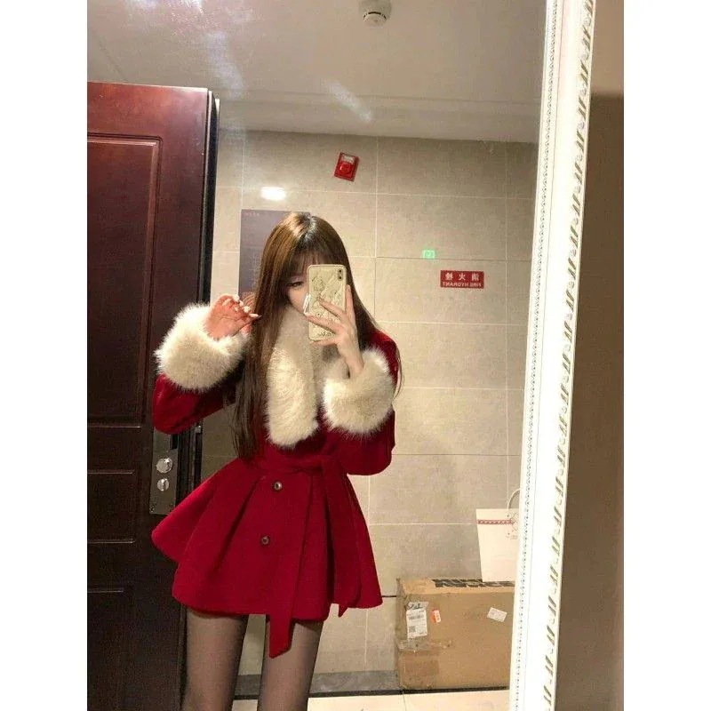 【 3天内迅速な出荷 】サンタ30%までに制限コスプレ クリスマス 秋冬 ヴィンテージ 赤 ツイード ウエスト ヘアカラーコート コート ショートパンツ ハイエンド フレンチ スーツ 韓国