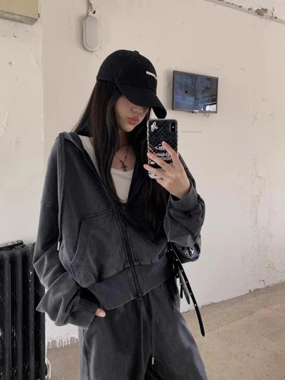 2025 秋冬 韓国風 かわいい レディース 無地 フード付き長袖アウターレトロセット黑白フーディーブルサイズ丈トップス春カジュアルスポーツファッション系通学学生加工袖お出かけアップシルエットトラッ