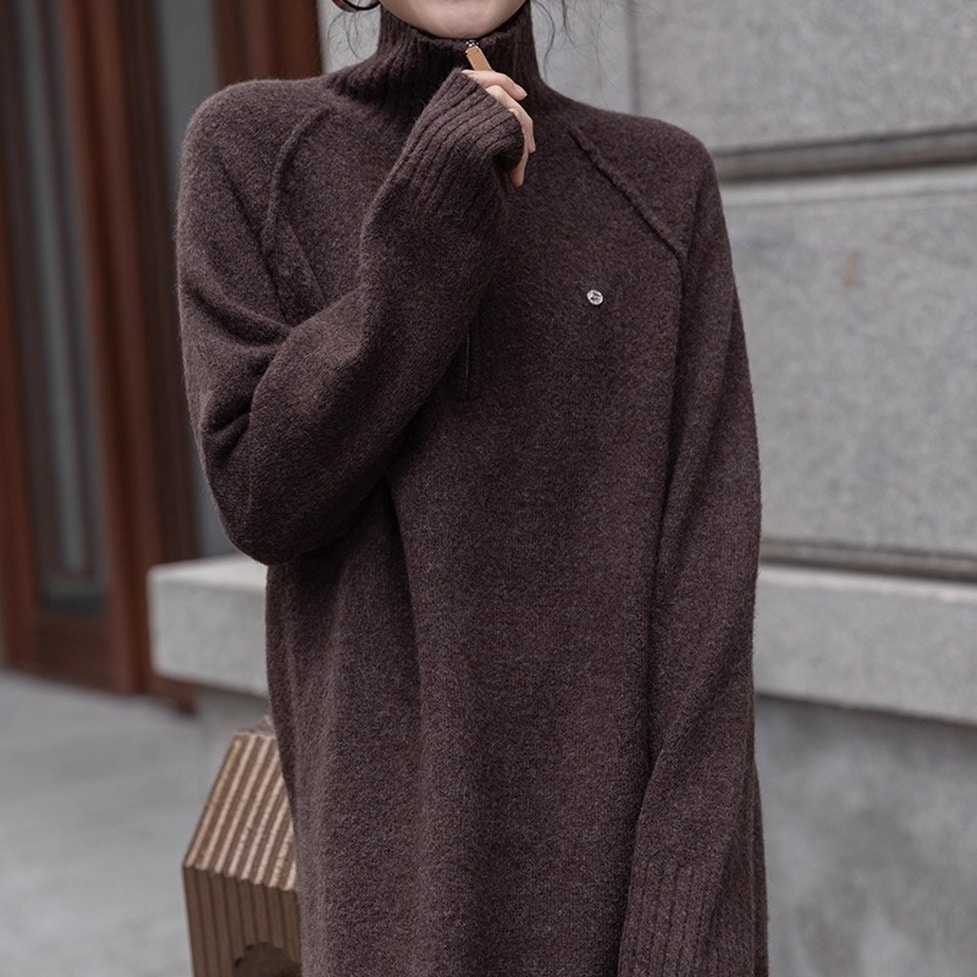 ワンピース ニットワンピース ロングワンピース ボアニットワンピース オーバーワンピース ハーフジップ 襟付き ハイネック オーバーサイズ 長袖 無地 ロング丈 レディース かわいい 大人可愛い