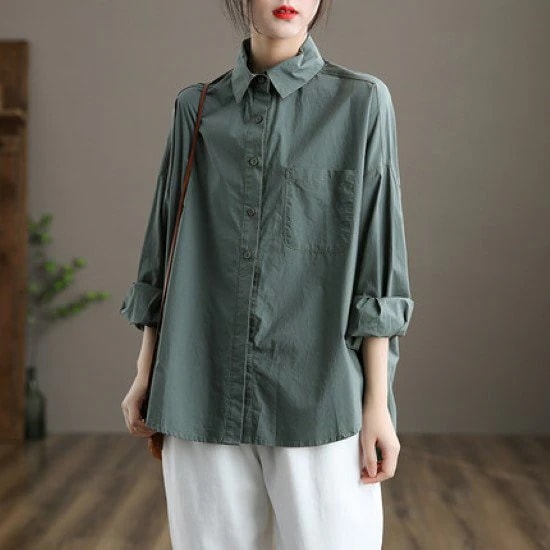 長袖シャツ レディース ブラウス シャツ トップス フロントボタン 襟あり シンプル 無地 胸ポケット カジュアル きれいめ 綿 コットン オフィス デイリー オールシーズン