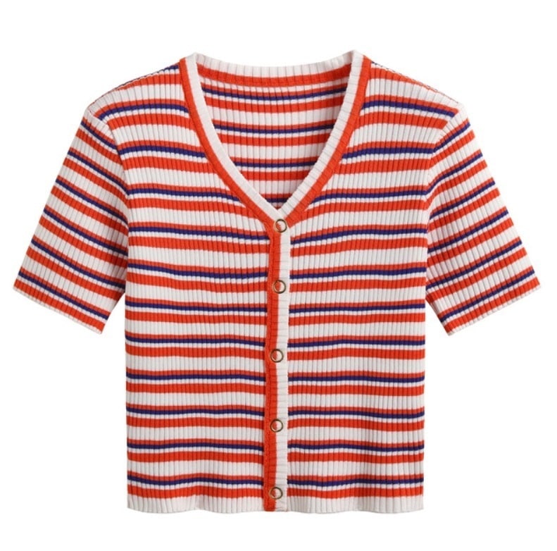 トップス デート モテアイテム ニットソー 半袖 カーディガン リブ コットン ボーダー柄 可愛い きれいめ 上品 おしゃれ かっこいい 可愛い ラブリー キュート ガーリー クール モード系