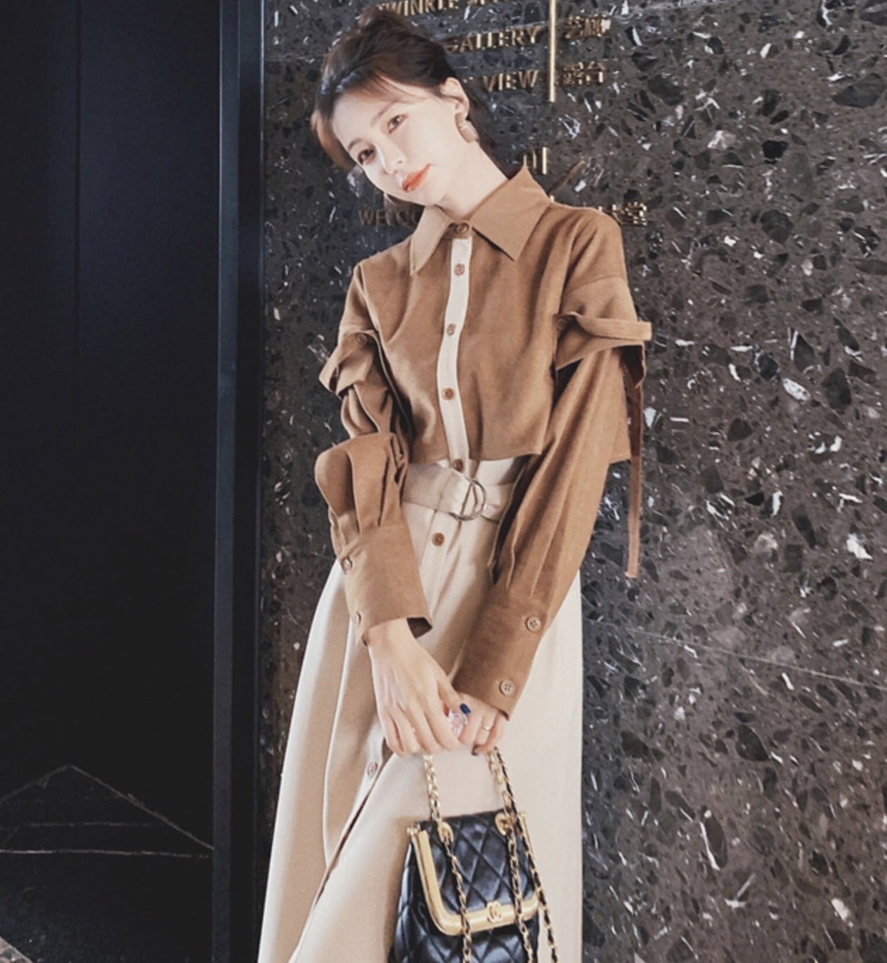 スカート ワンピース ロングスカート フレアスカート シャツワンピース フレアワンピース ロング ロング丈 袖あり 長袖 襟付き ポロカラー フレア Aライン ベルト ウエストマーク 切り替えデザイン