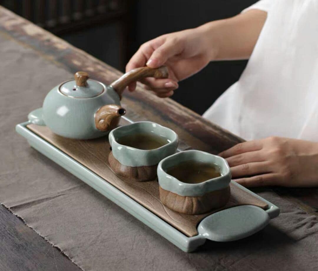 汝窯一壺二杯の陶器の茶皿簡易家庭用小型事務用茶器セット側把壺礼盒