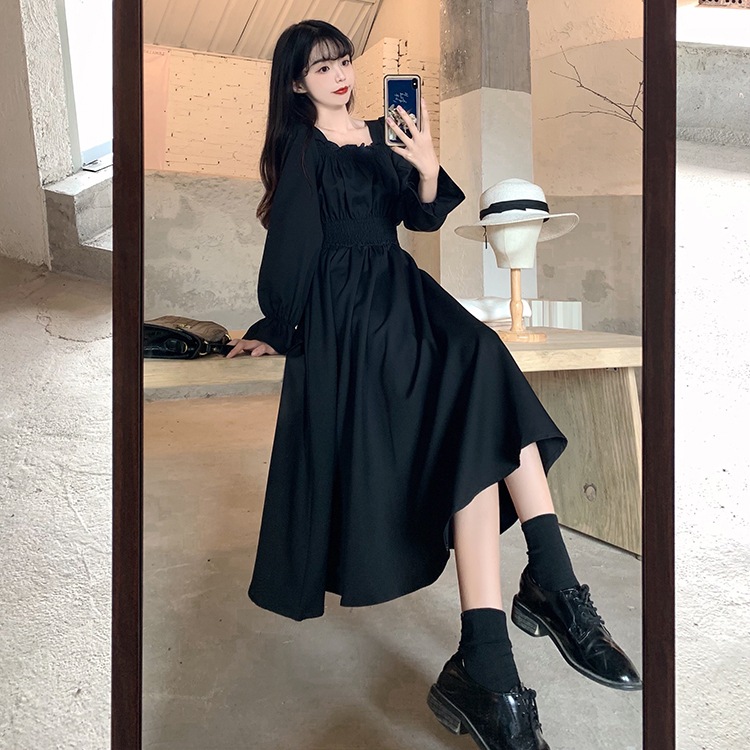 ワンピース フレアワンピース ミモレ ミモレ丈 ロング ロング丈 袖あり 長袖 ボリューム袖 パフスリーブ スクエアネック フレア ウエストマーク ウエストゴム 伸縮性 かわいい 大人可愛い おしゃれ