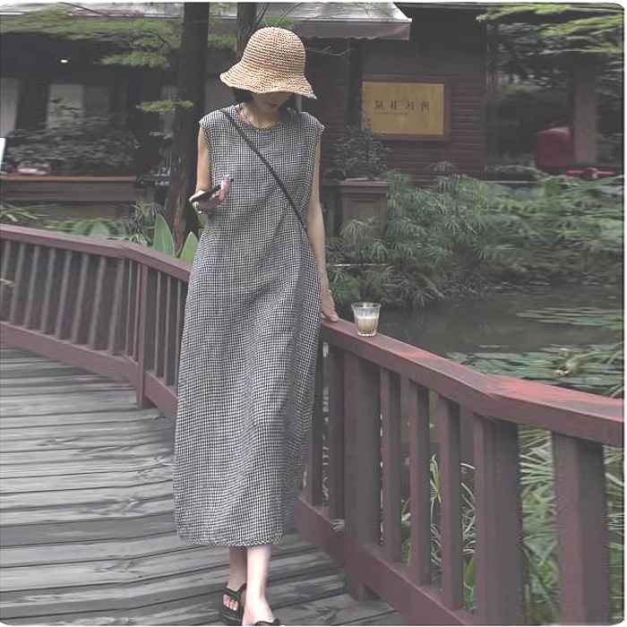 格安販売中ギンガムチェックワンピース　千鳥格子　ロングストレートワンピース　ミセス大人ワンピース　MからXXL