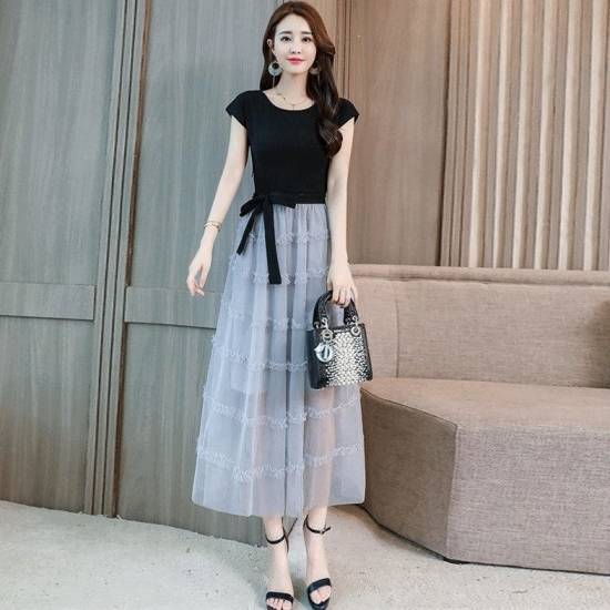 ワンピース ドレス パーティードレス ドッキングワンピース ロング 袖あり 半袖 ウエストリボン チュール 透け感 爽やか フェミニン きれいめ 20代 30代 大きいサイズ 春 夏