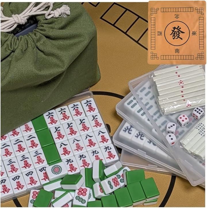 26mm 女性向け 手積み マージャンセット ふたつきケース きんちゃく袋 優しいカラー 牌 点棒(グリーン)