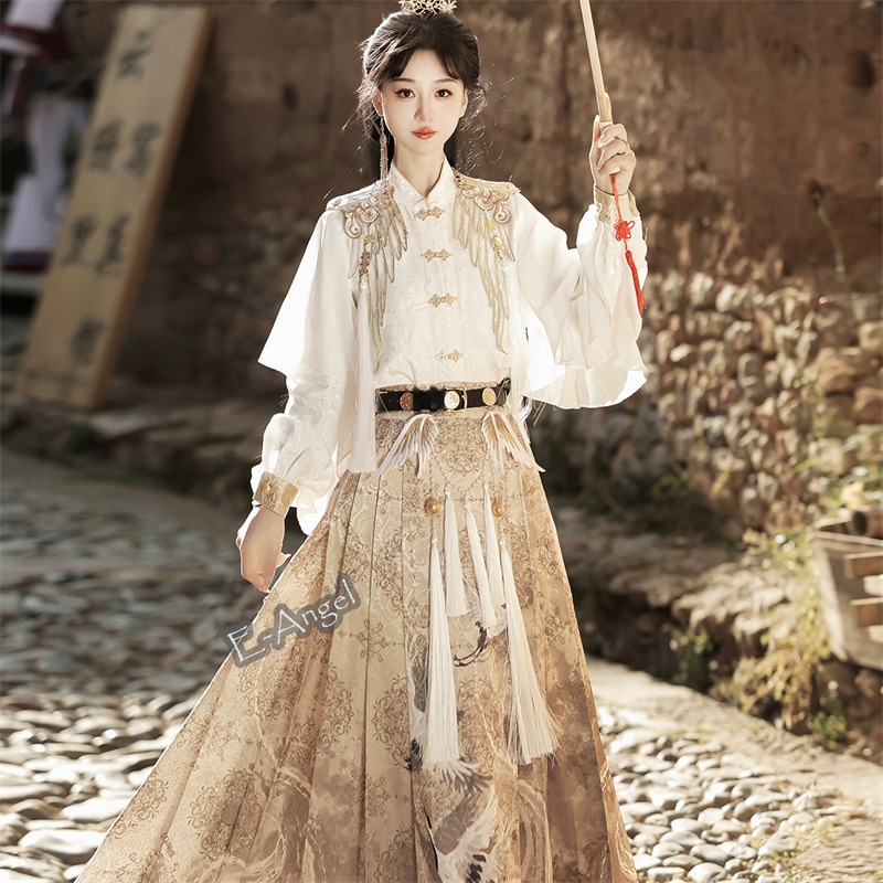 チャイナ風 漢服 衣装セット コスプレ トップス シャツ ブラウス ロングスカート ベルト 鶴 中華服 セットアップ 中華ロリータ エレガント イベント 演出服 撮影服 チャイナセット コンカフェ