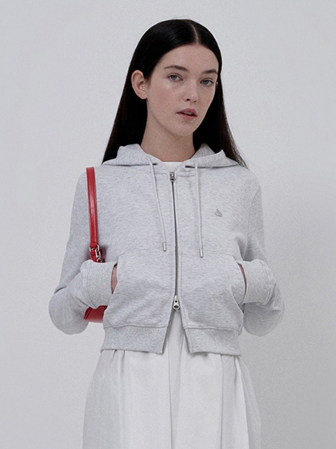 KIRSH PLAIN SLIM FIT CROP HOODIE ZIP UP [MELANGE GRAY]