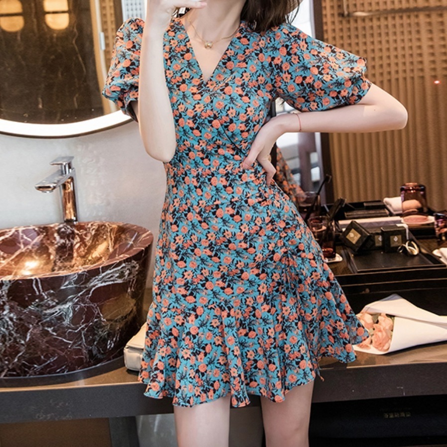 ワンピース ドレス レディース ショート 半袖 Vネック フリル かわいい 大人可愛い きれいめ シンプル カジュアル 大人 上品 おしゃれ 花柄 フラワー 夏 パーティー 旅行 リゾート 海その他 ワンピース・ドレス