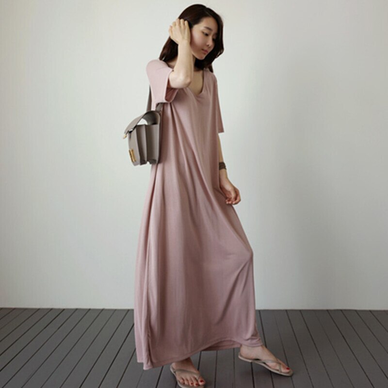 ワンピース ルームウェア 部屋着 フレア Aライン ロング マキシ 半袖 Vネック ストレート 薄手 シンプル カジュアル ラフ ルーズ 春 夏 秋 お泊まり 海 重ね着 楽ちん 体型カバー XL