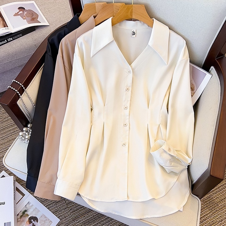 トップス シャツ ブラウス ミディアム丈 袖あり 長袖 襟付き スリム 細身 前開き 華奢見え 薄手 かわいい 大人可愛い きれいめ シンプル カジュアル 大人 上品 お洒落 大人女子 こなれ感 ラフ