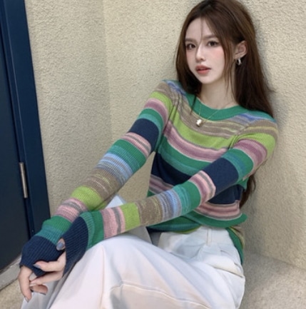 ボーダー長袖ニット トップス ニット 長袖 ラウンドネック スリム タイト かわいい 大人可愛い