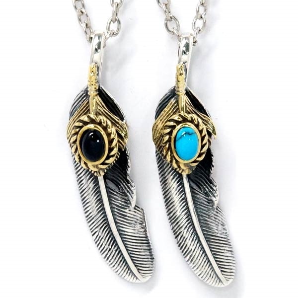 インディアンジュエリー ペンダント ネックレス イーグルフェザー 天然石 ターコイズ オニキス ゴールド シルバー925 メンズ ブルー/ブラック