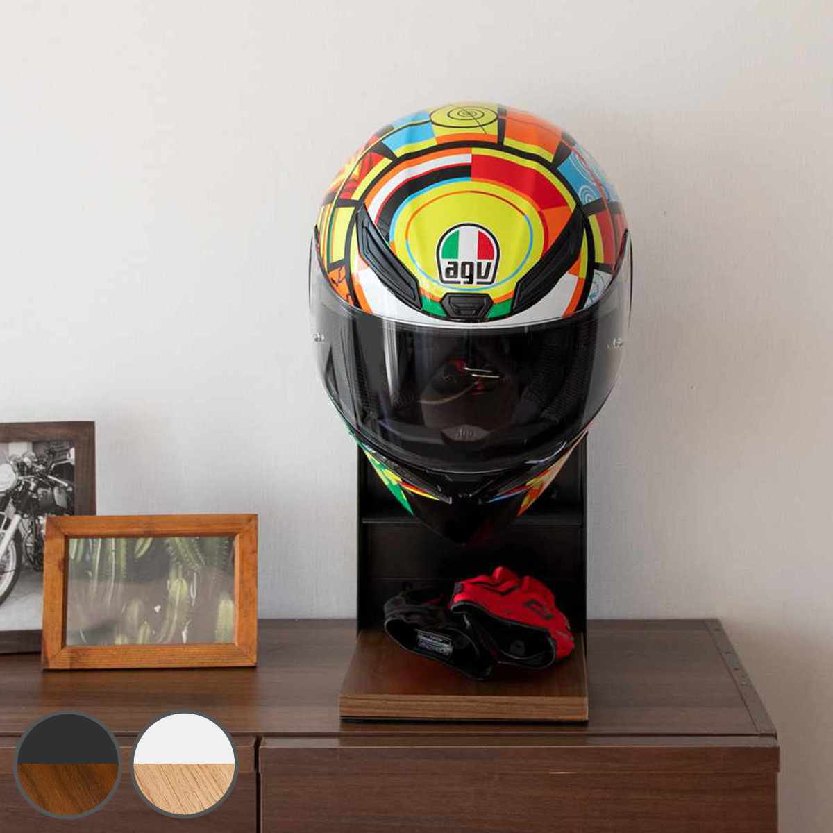 ヘルメットスタンド 幅20cm 棚付 ディスプレイラック GALEA ディスプレイ ラック バイク ヘルメット 棚 収納 卓上 スタンド ブラック ホワイト 玄関 リビング 趣味 自転車