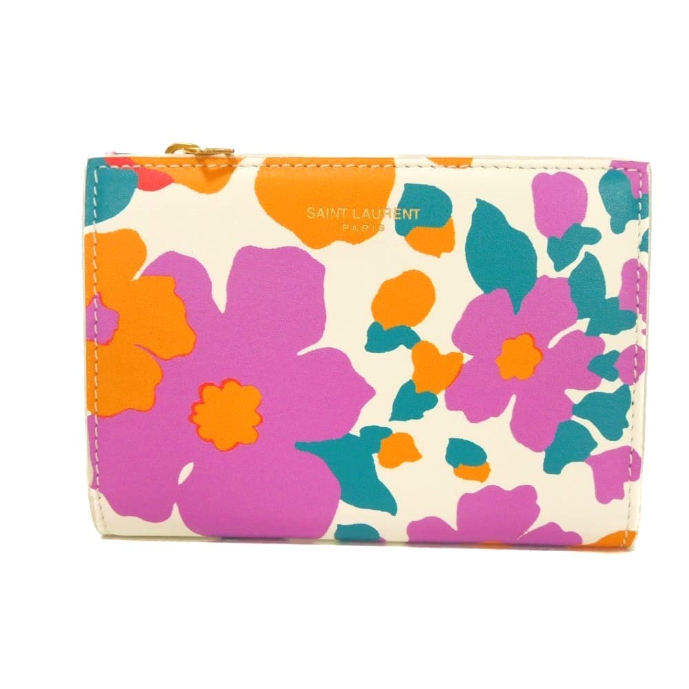 【中古】SAINT LAURENT PARIS 二つ折り財布 ホワイト フラワー プリント ミディアム ウォレット ロゴ 箔押し 668322 AAAGP 9183