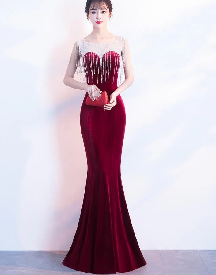 2026年新製品 新入 マーメイドライン ロングドレス パーティードレス イブニングドレス 二次会 ブライダル ベルベット エンパイア ノースリーブ ボートネック ドレス S/M/L/XL/2XL ウ