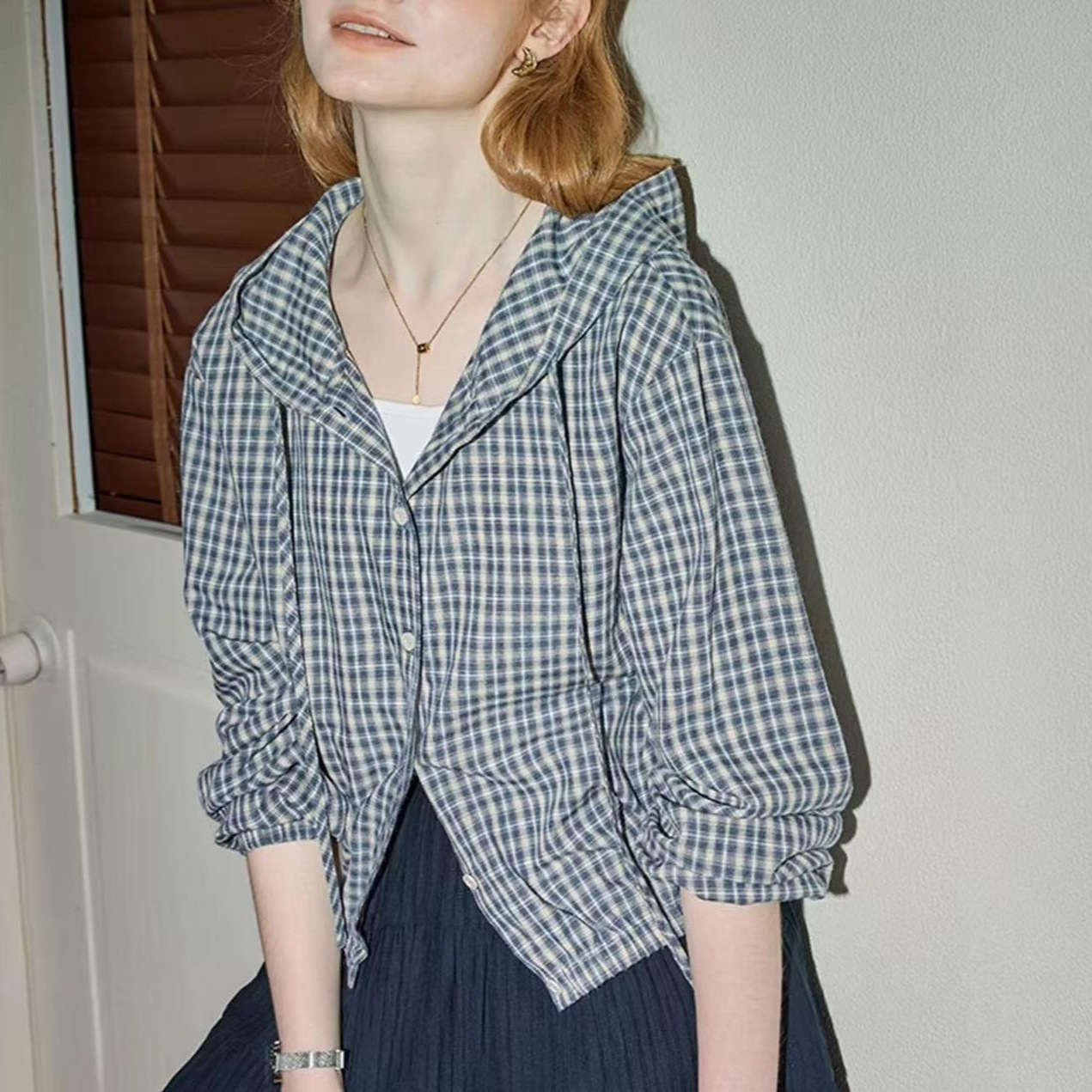 【送.料.無.料.急速発送】ブルーチェック長袖連帽シャツ2025年秋高級韓系低身長