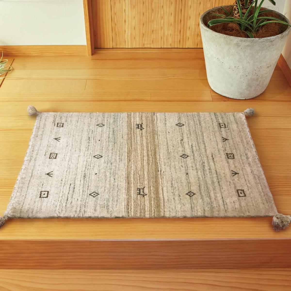 萩原 マット 玄関マット グレー 約45×75cm ギャッベ「LORRI BUFFD L16」 ラグ ラグマット ウール オールシーズン