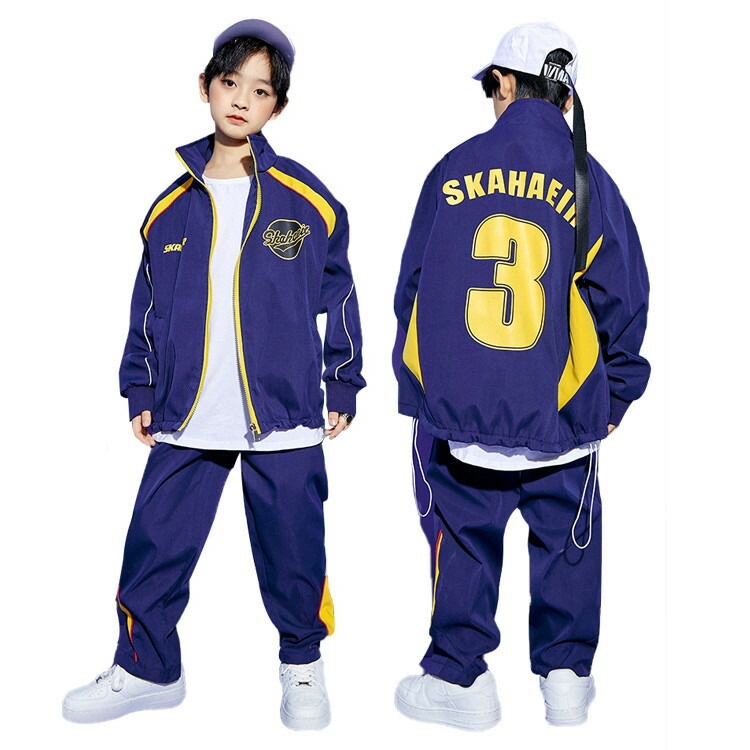 紺 ウィンドブレーカー キッズダンス 練習着 子供服 ヒップホップ キッズダンス衣装 セットアップ ジャケット 長袖 ロングパンツ ズボン 子供 かっこいい 練 ダンス衣装