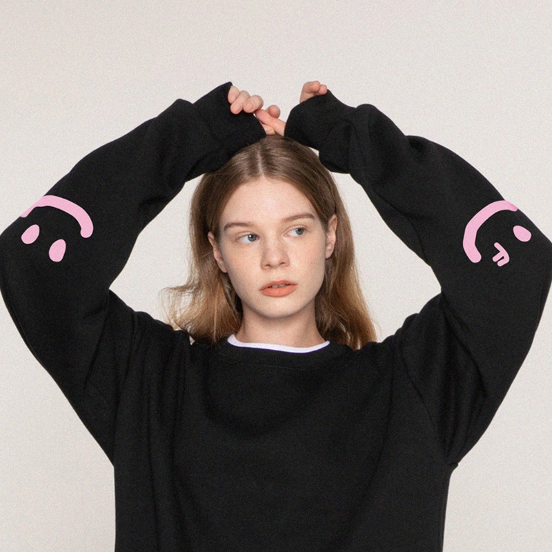[UNISEX]Elbow smile drawing sweatshirt_black/pink logo