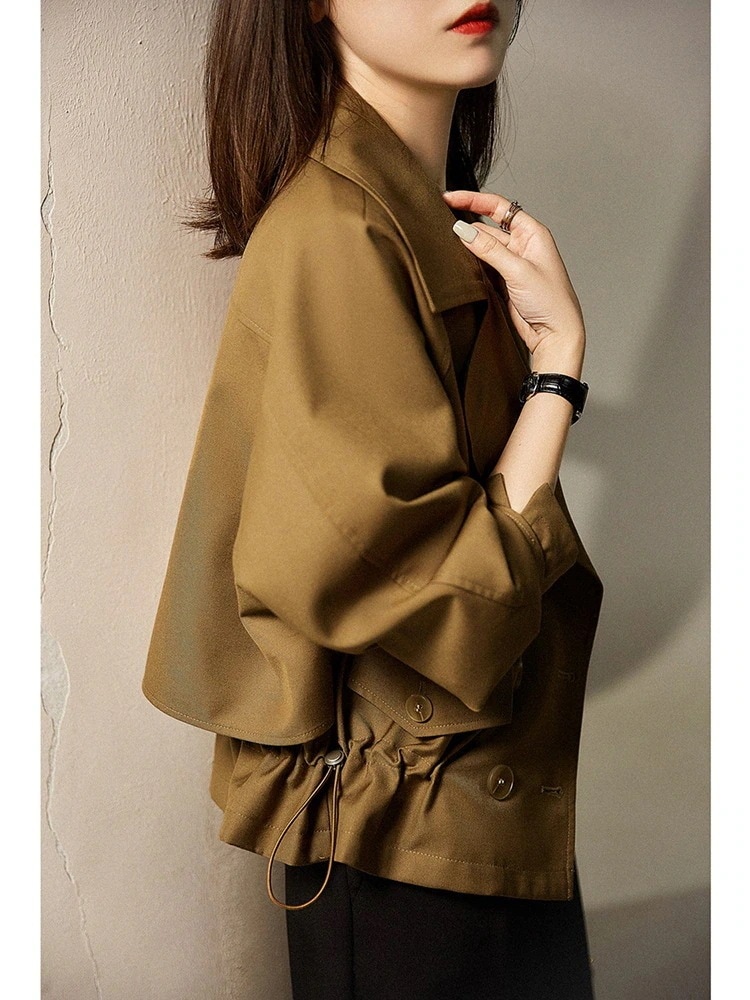 アウタートレンチコートジャケット女性秋新作小柄ゆったりショート丈トップス レトロな英伦風ウエスト引き締め