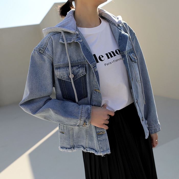 [韓国ファッション] 着脱可能 カット 配色 フード デニムジャケット
