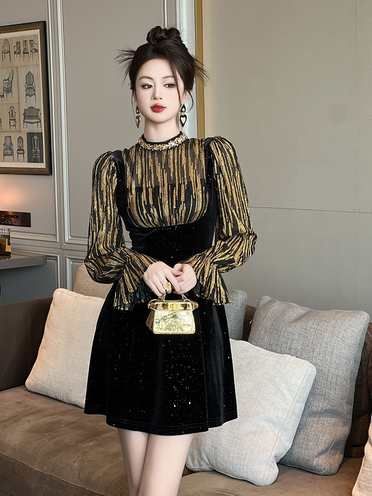 【JY.上品】 2025秋冬新品 ベルベット キラキラ ドッキング ショート ドレス パーティー キャバ 大人 同窓会 披露宴 卒業式 結婚式 演奏会 ウェディング 二次会 メガ割