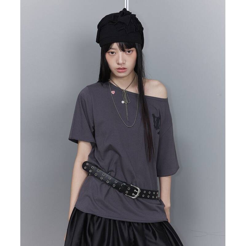 WACKY WILLY ウィメンズ グラフィック ボタン オフショルダー 半袖Tシャツ チャコール WA2602STW2CH 410892