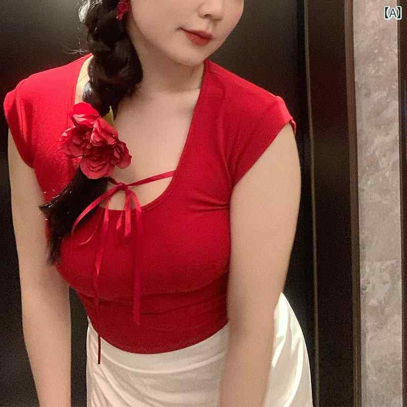 大きめサイズ レディース トップス カジュアル おしゃれ デート 女子会 普段使い ぽっちゃり 夏 スリム ニット Tシャツ スリム ストラップ デザイア