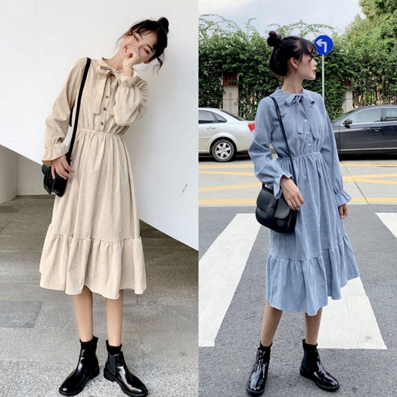 2色 ワンピース 長袖 春 カジュアル ワンピドレス ひざ丈 膝下 フリル袖 Vネック Aライン 切り替えデザイン フリル リボン ウエストマーク 飾りボタン 色展開 ブルー アプリコット フリーサイ