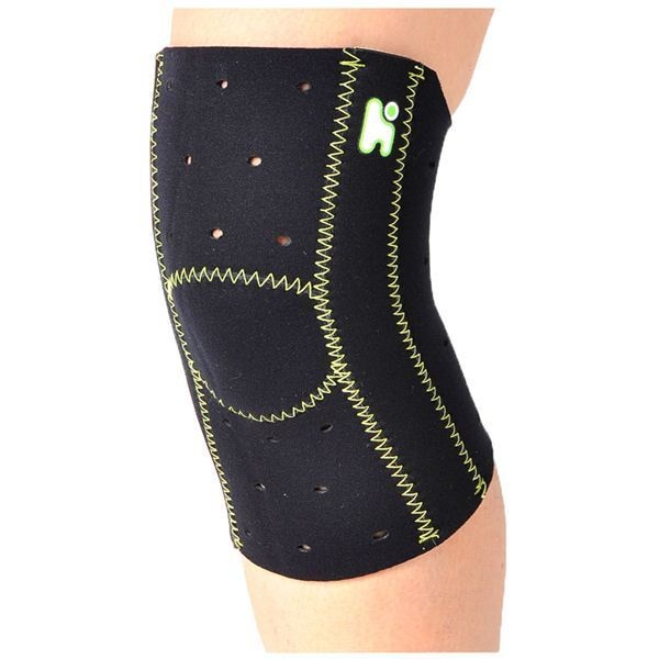 [日本製サポーター]ヘルスポイント マラソンズニーサポート10ホール付） ブラックxイエロ L-LL