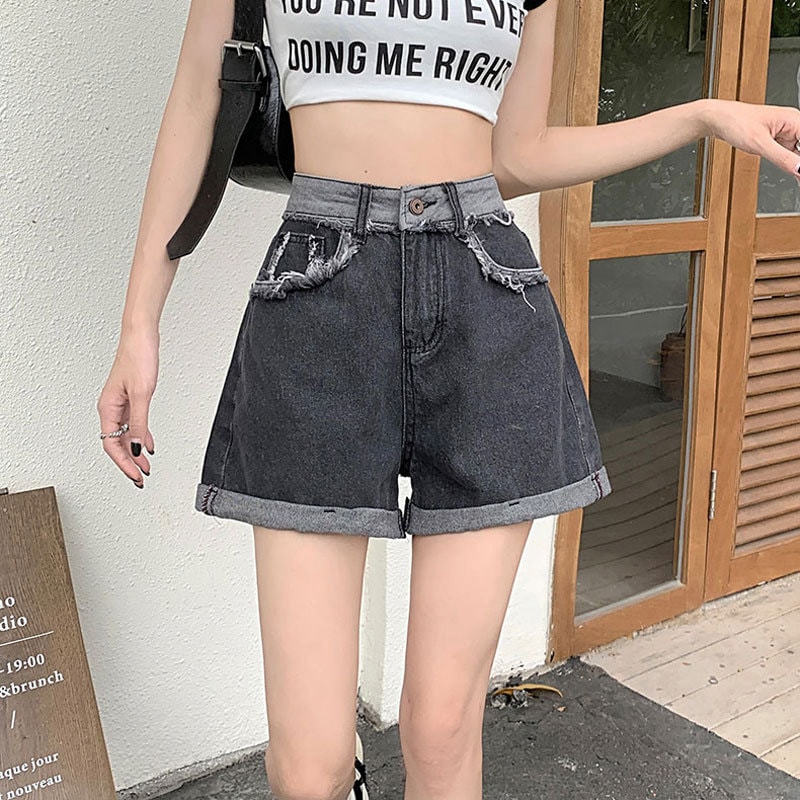 女性用コントラストカラーデニムショーツローエッジファッションストレートハイウエストワイドレッグカールaライン黒とグレーホットパンツ