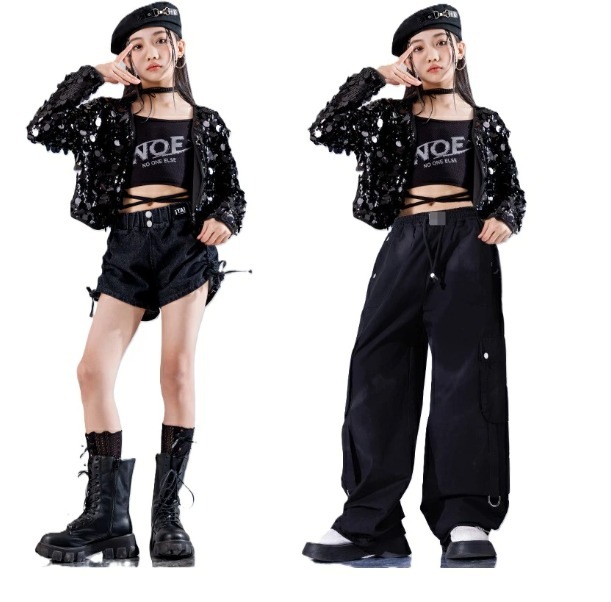 【新品】キッズ ダンス衣装 キッズ 黒 スパンコール キラキラ衣装 セットアップ 韓国風 子供ダンス服 ダンスウェア キッズダンス衣装 ガールズ へそ出しトップス ショートパンツ 長パンツ 3点セット