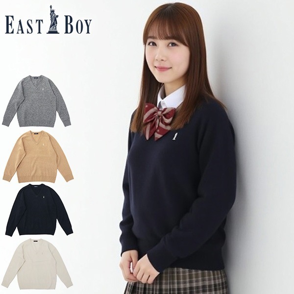 セーター レディース 学生 制服 秋冬 秋 冬 薄手 かわいい Vネック 紺色 紺 白 ラムウール ウール 女神刺繍 長袖 スクール 定番 通学 ラムウールセーター7G 5216502